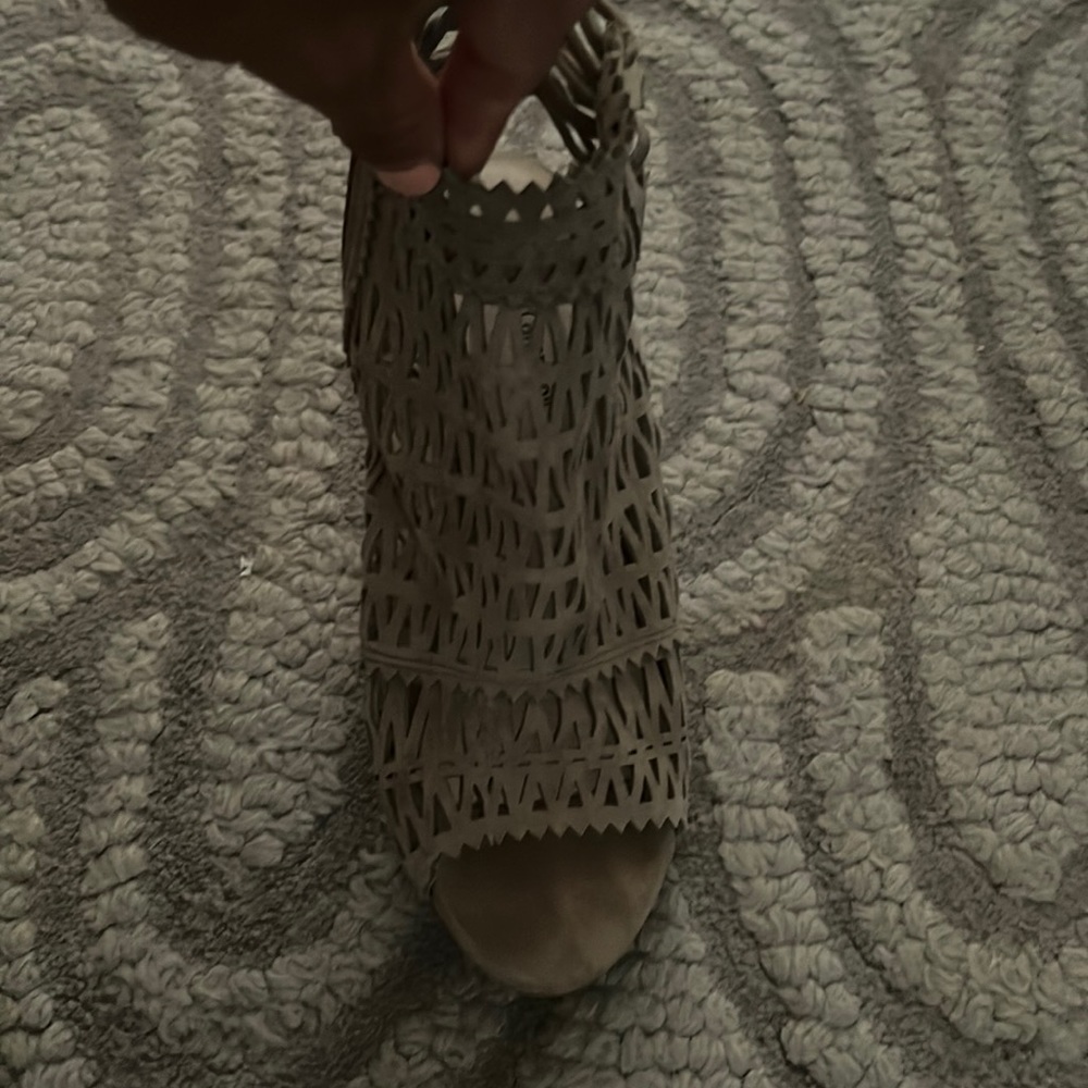 Taupe colored suede sandals.